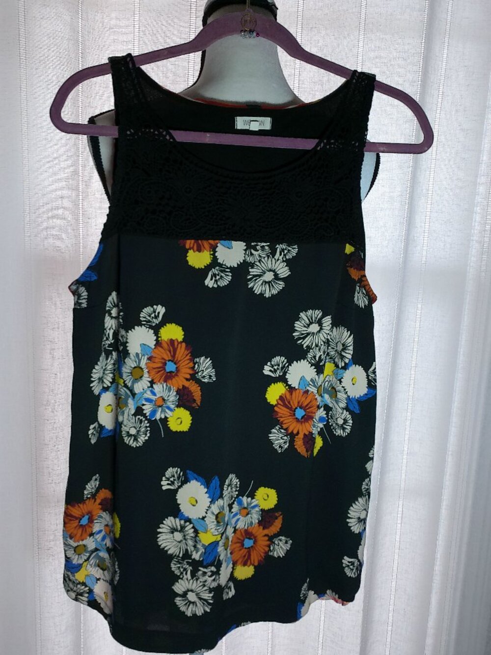 ANTHROPOLOGIE WESTON Blouse w/Crochet Details & Striped Back Black w/Florals L